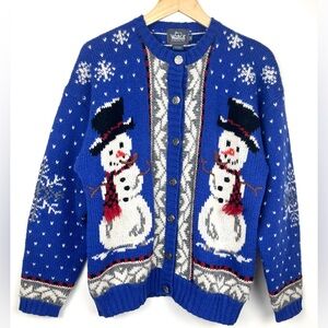 Vintage 90’s Woolrich Knit Snowman Snow Winter Holiday Cardigan Sweater